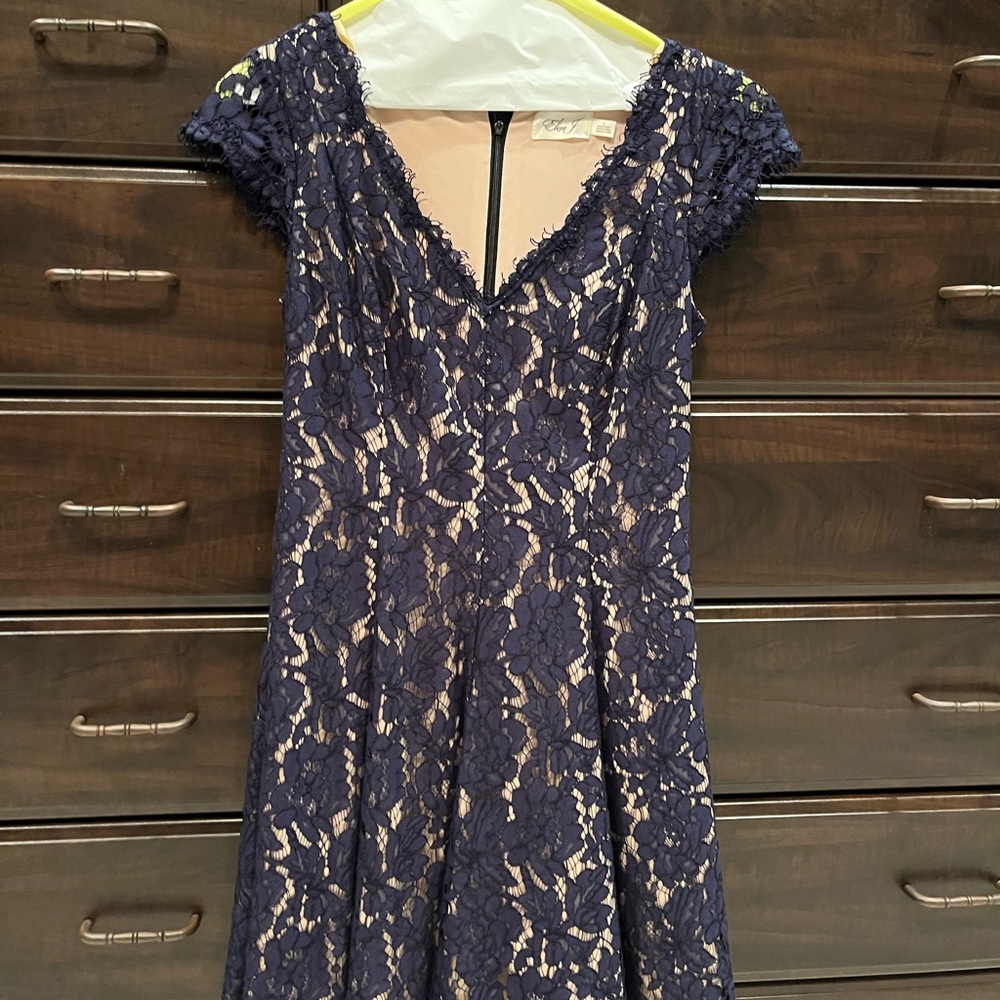Navy and nude color lace cocktail dress